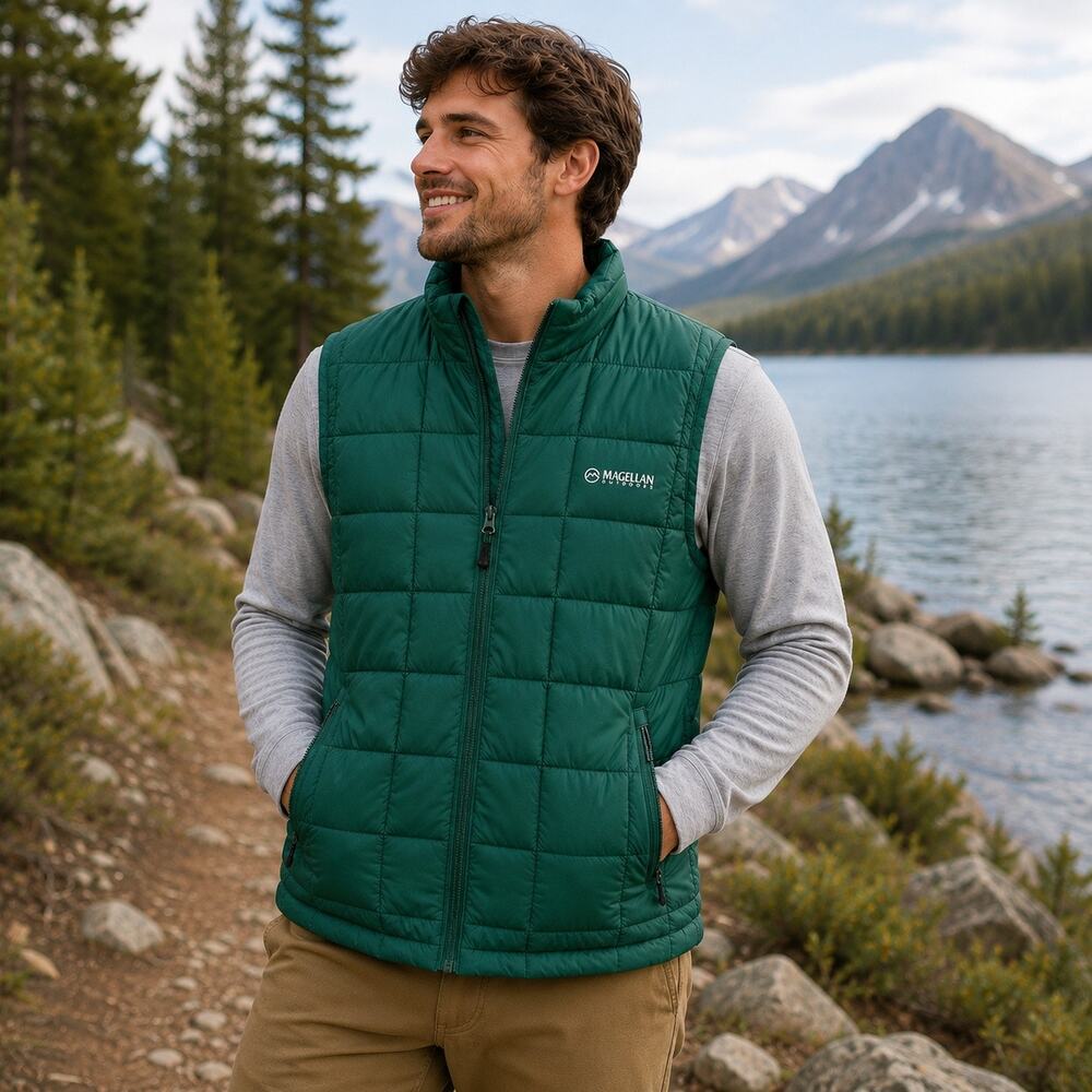 Magellan Lost Pines Puffer Vest NWT Men’s Small Green Blue Insulated Zip